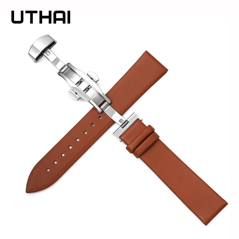 UTHAI Z62 Plain Leather Strap 10-24mm Universal Watch Butterfly Buckle Strap Steel Buckle Strap 22mm watchband