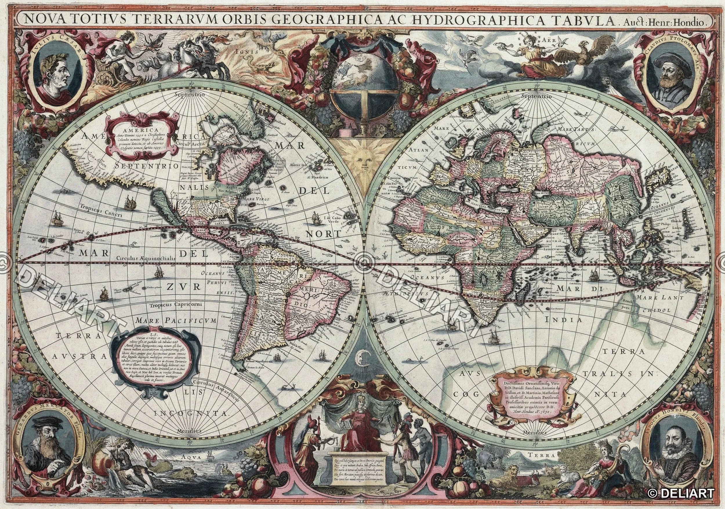 

1641 Hondius Nova Totius Terrarum World Map Antique Baroque Vintage Cartography Wall Art Print Poster Unframed