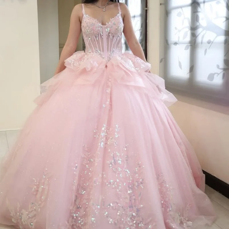 

Light Pink Quinceanera Dresses Off the Shoulder Sequin Crystal Decal layering Long tail Bow Vestido De 15 Quinceanera Customize