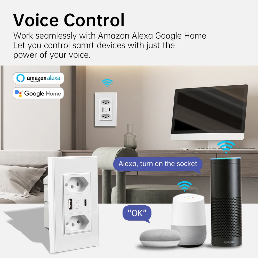 Tuya Wifi/Zigbee Smart Brazil Socket Plug Switch USB Type-C 10A 20A Two Brazil Outlets Smart Life APP Remote Control Google Home