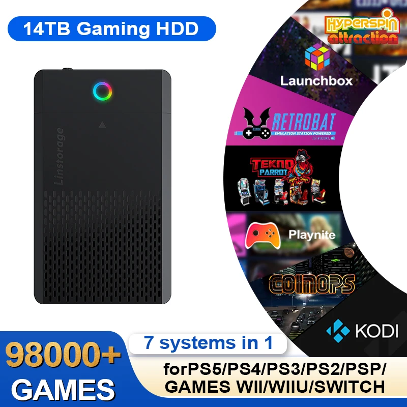 דיסק קשיח למשחקים PEAPRIT 14TB עם Hyperspin Launchbox Retrobat Playnite 98K+ קונסולת משחקי וידאו רטרו עבור PS5/PS4/PS3/PS2/SWITCH/WII
