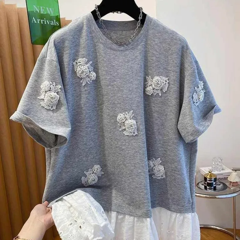 Lace Splicing Bead Short-sleeved T-shirt Women's Korean Style 2025 Summer New Fake Two-piece Loose Versatile Ins Top