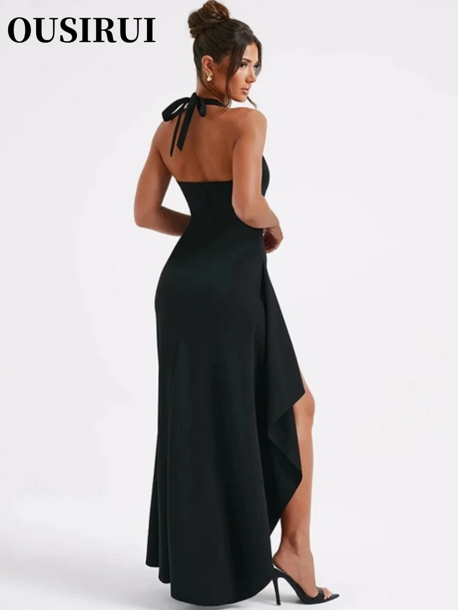 OUSIRUI Halter Sleeveless Backless Bodycon Club Party Sexy Long Dress New Deep V Neck Thigh High Split Maxi Dress Women