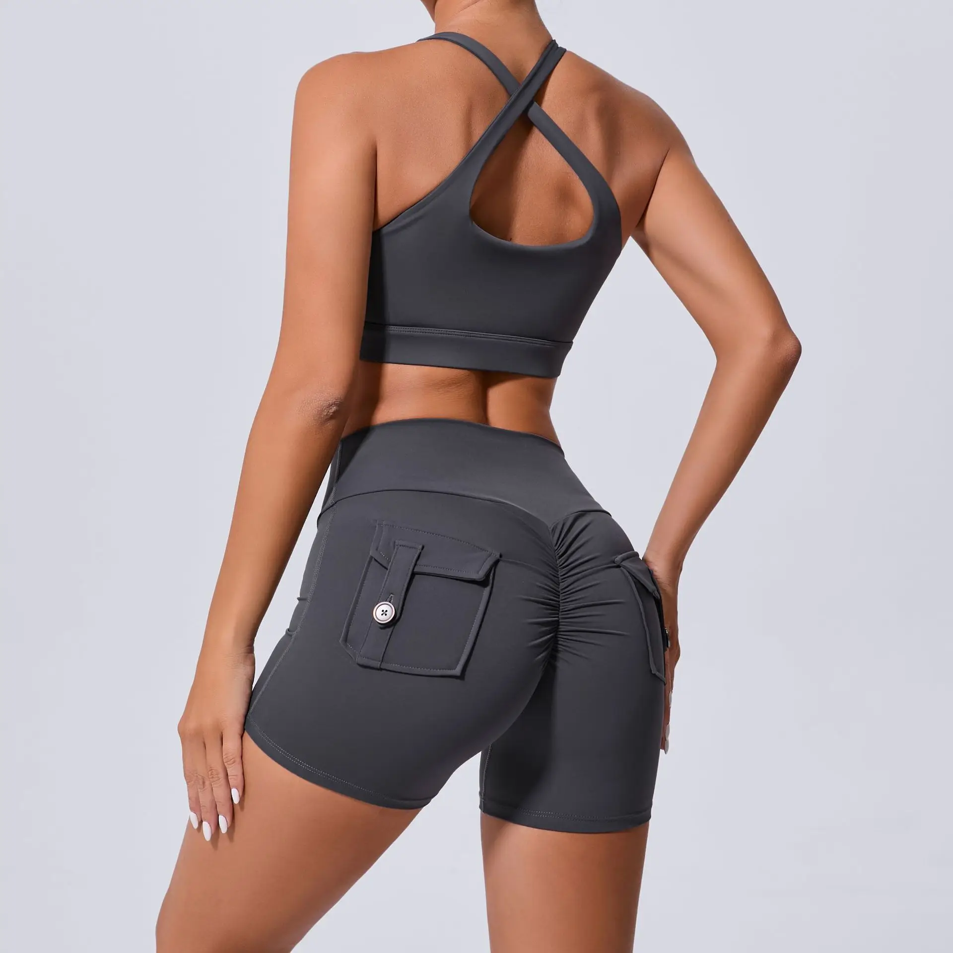 2 Piece Sporty Shorts Set with Pocket Women Sportswear Fashion Sexy Cross Hollow Scrunch Gym Set Sport Outfit Black Fitness Suit