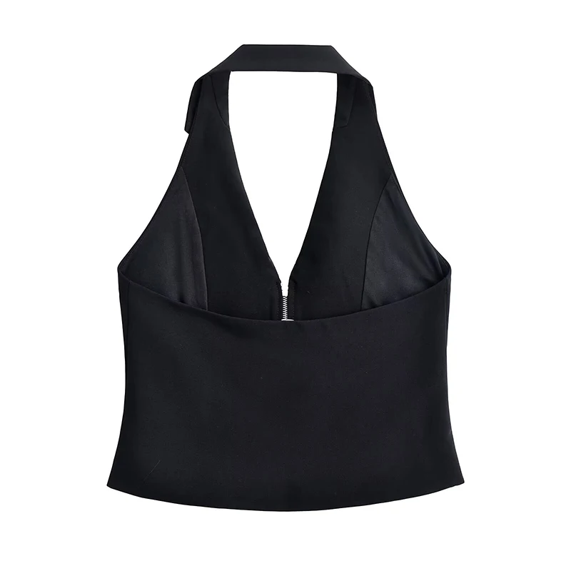 Summer Women Sexy Backless Halter Vest Front Zipper Black Sleeveless Crop Waistcoat  Female Chic Lady Tank Tops