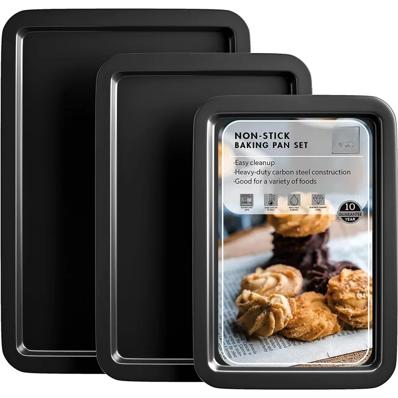 Baking Sheet Pan Set, Cookie Sheet for Oven, Nonstick Bakeware Sets with Wider Grips, Dark Grey