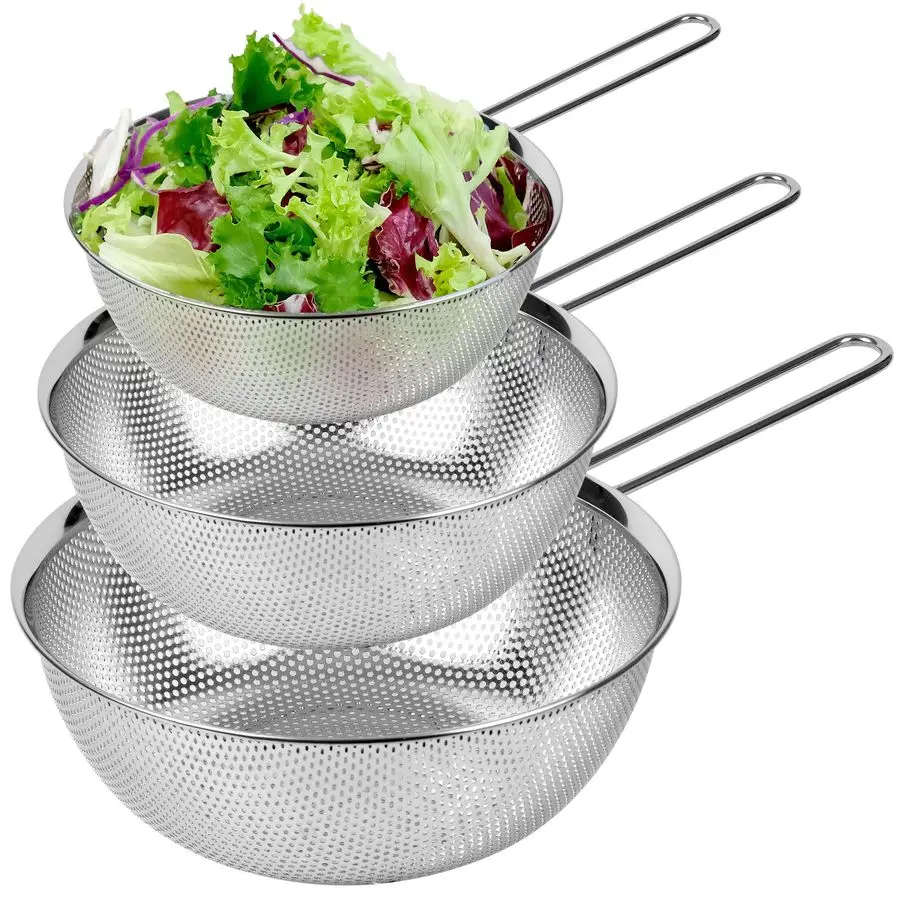 

18 8 304 Stainless Steel Strainer Set of 3 with Long Handle, MicroPerforated Colanders 1.52.54 Quart Set, SelfDraining Solid Bas