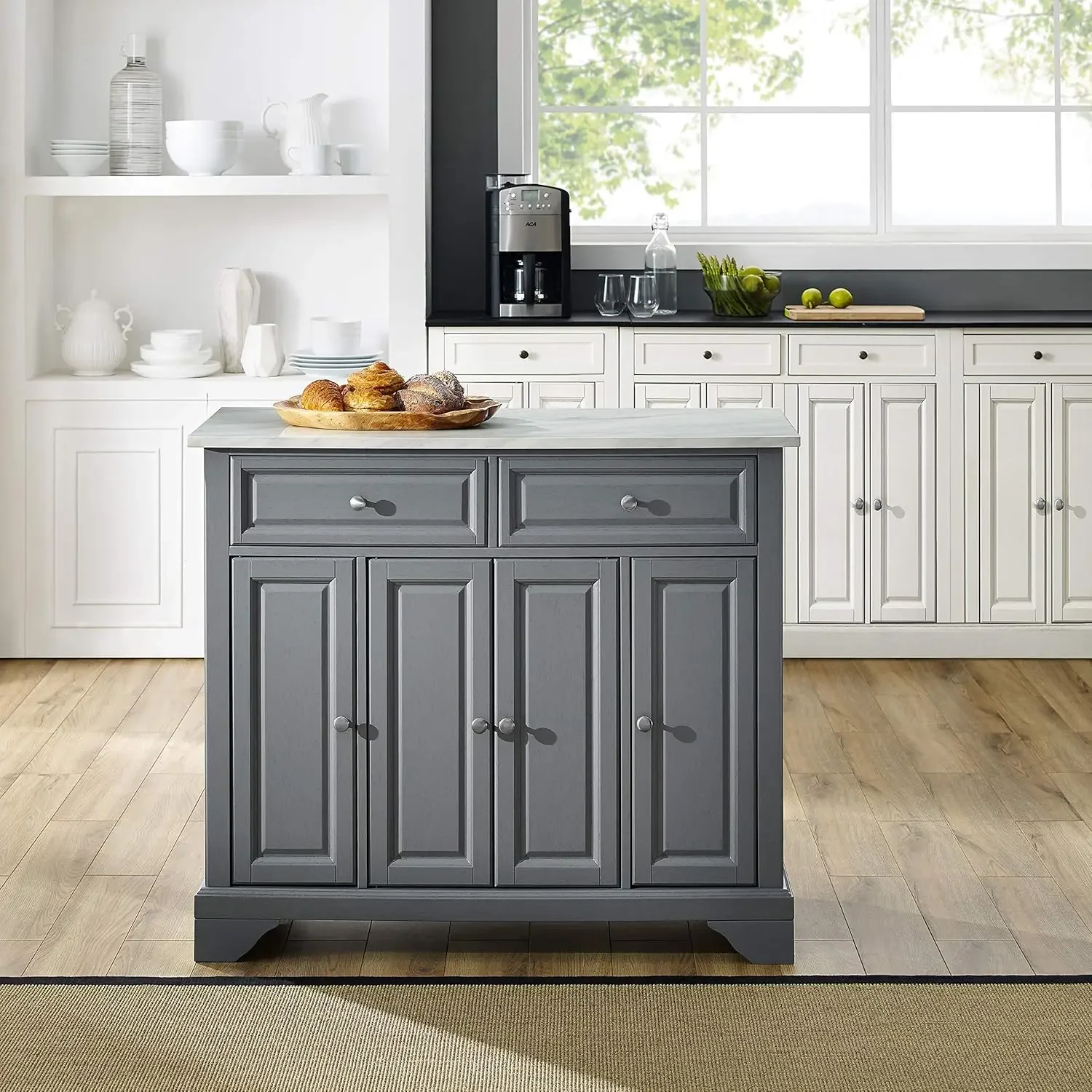 Avery Kitchen Island with Paper Marble Top, Gray