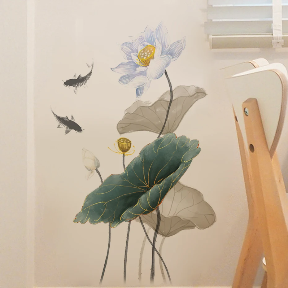 Watercolor Lotus Leaves Lotus Wall Stickers Painted Wall Decals for Living Room Bedroom Home Wall Decoration