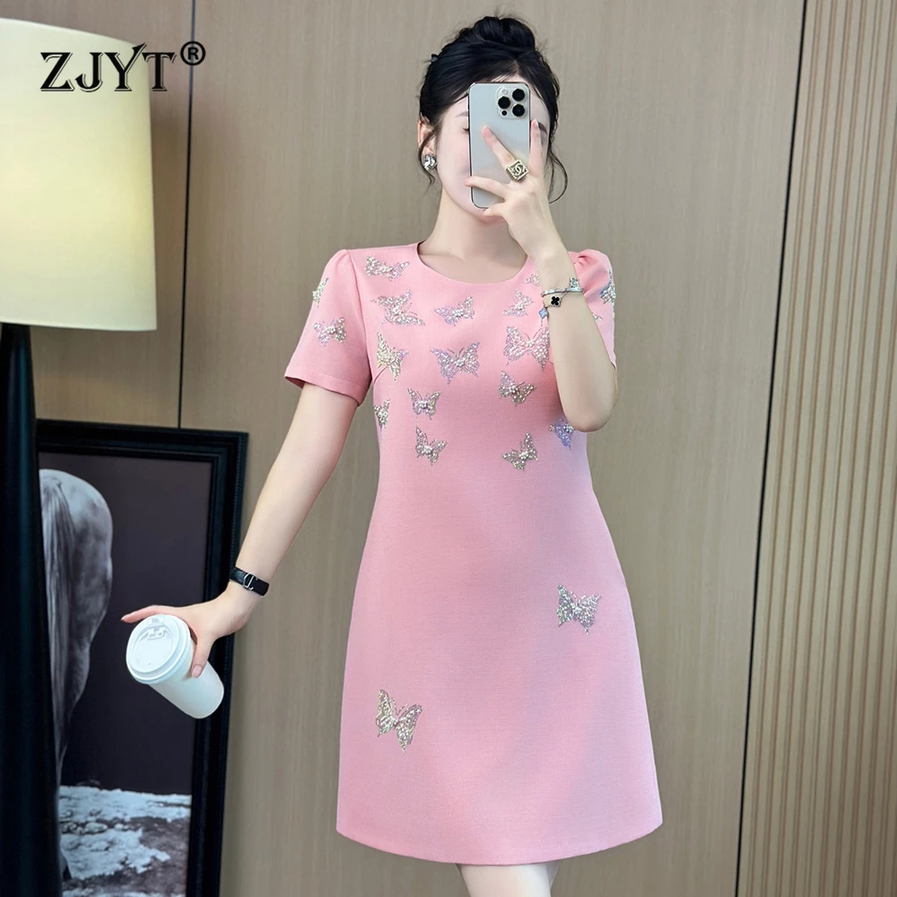 

ZJYT Новинка: Летнее женское повседневное платье с коротким рукавом, элегантное, с бабочками, однотонное розовое, милое, женское платье-сарафан 2026
