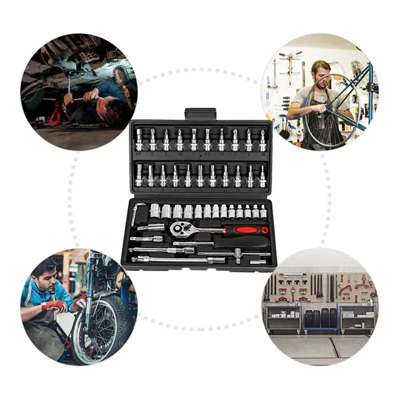46 pezzi set di chiavi a bussola strumento di riparazione auto moto riparazione cacciavite a cricchetto combinazione cassetta degli attrezzi meccanica fai da te per uso domestico