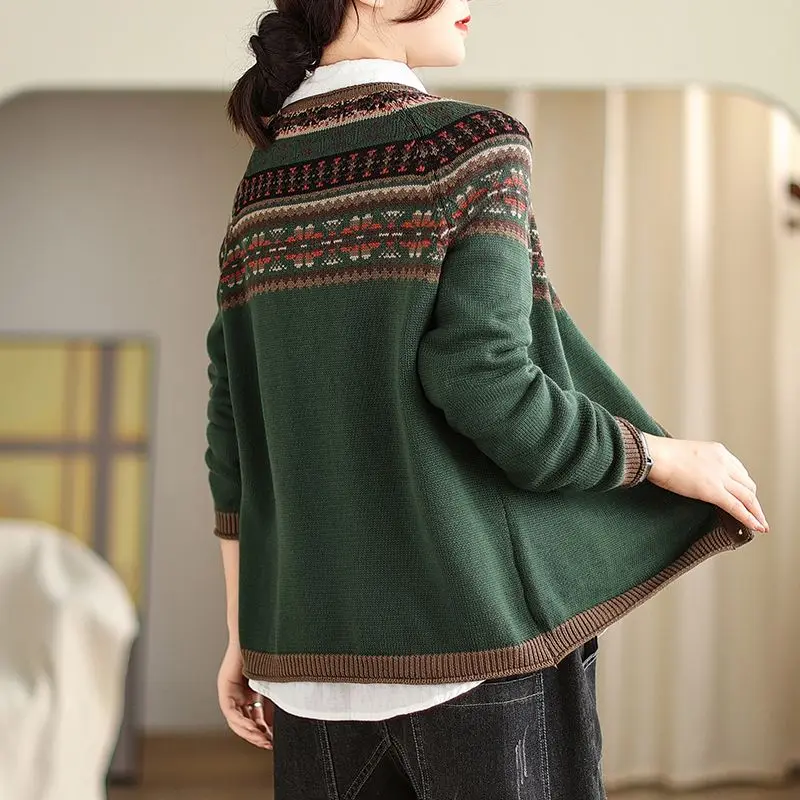 Women Vintage Ethnic Style Jacquard Single Breasted Knitted Cardigan Autumn Female Casual O Neck Long Sleeve Loose Sweater Coat