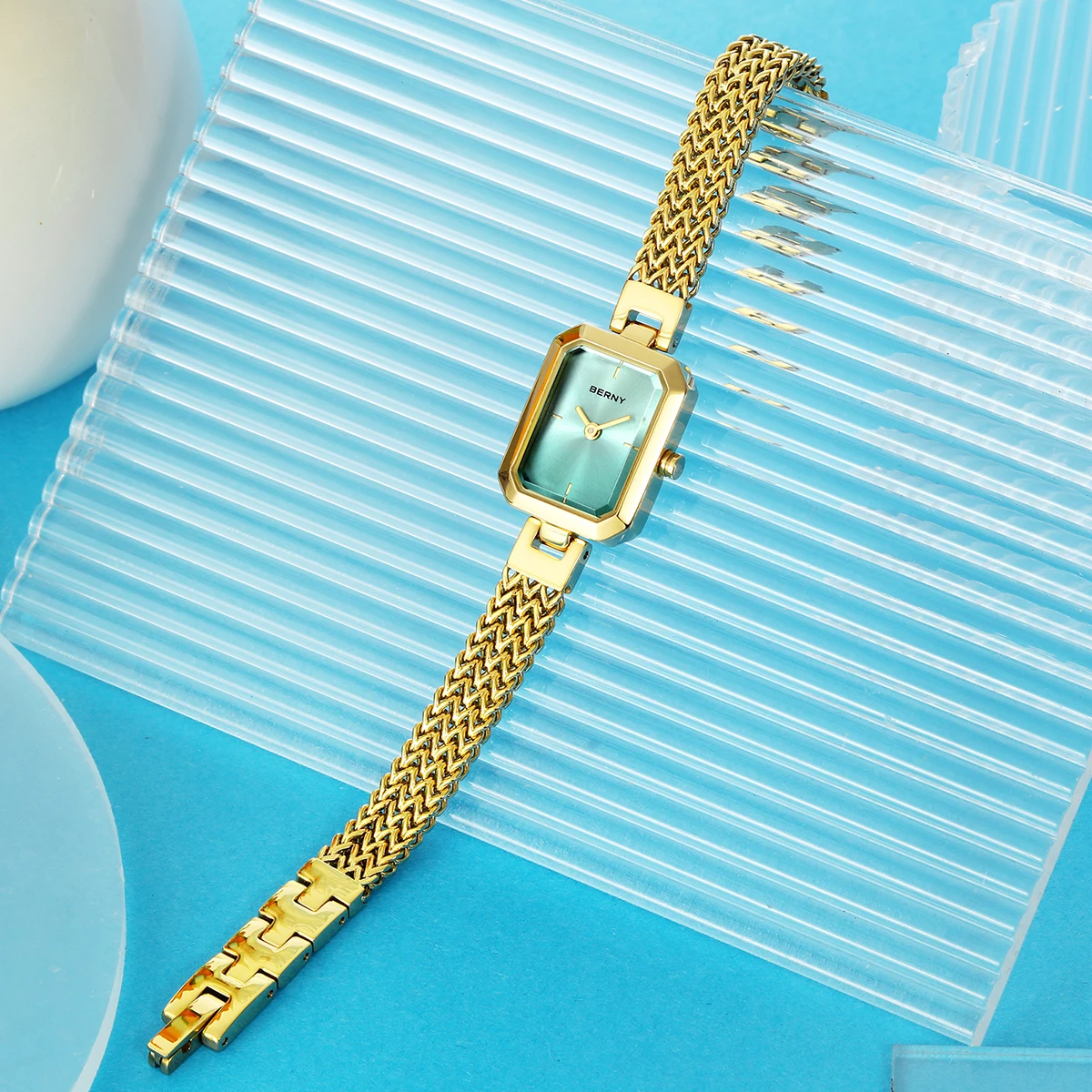 BERNY-reloj rectangular de cuarzo dorado para mujer, relojes de pulsera minimalistas a la moda, banda de reloj de acero inoxidable 3ATM, relojes dorados para mujer