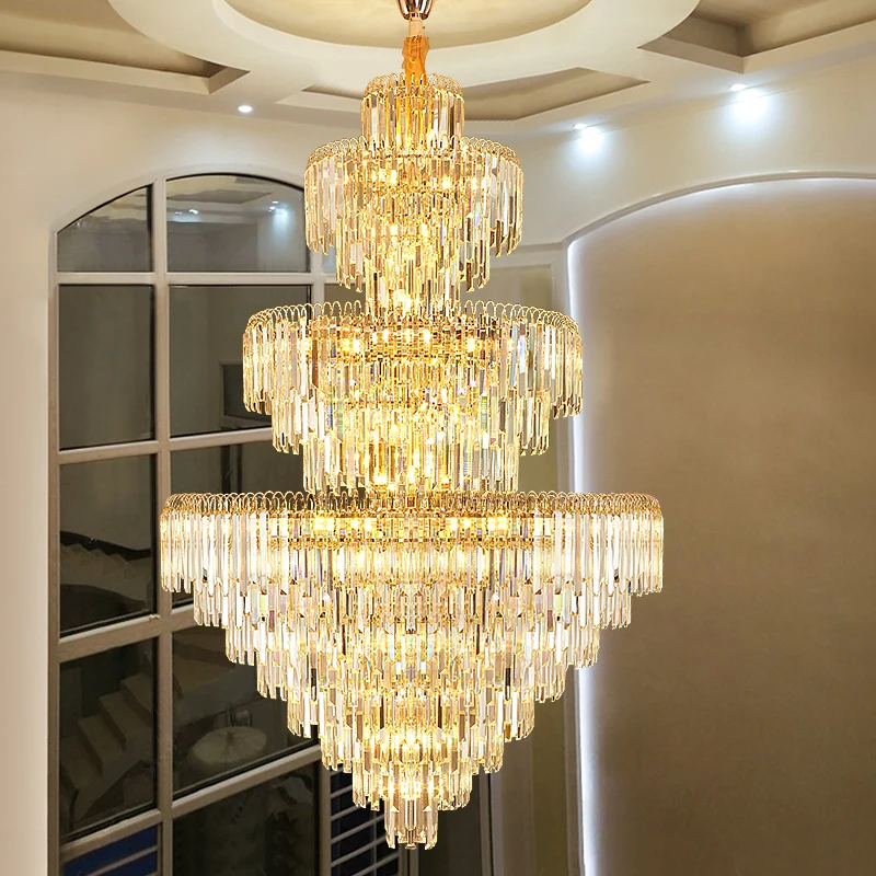 

2025New European Duplex Large Chandelier Villa Building Middle Floor Living Room LED Crystal Lamp Hall Long Chandelier Luxury
