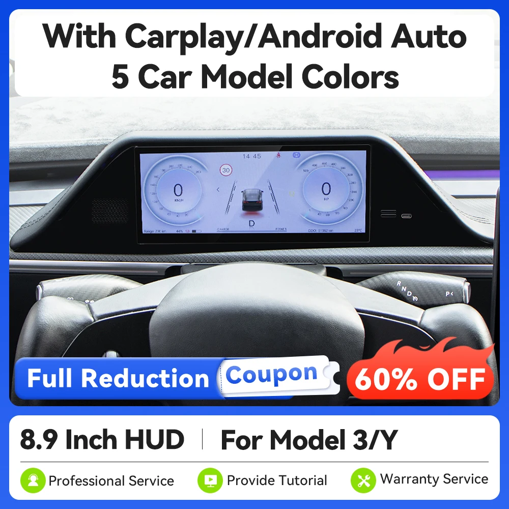 8.9 Inch HUD Carplay Andriod Wireless Dashboard Screen Accessories For Tesla Model 3 Y Instrument Dashboard Head Up Display