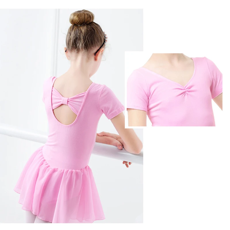 Vestido de Ballet para niñas, leotardos de gimnasia, manga corta, gasa, falda, Bowknot, ropa de baile