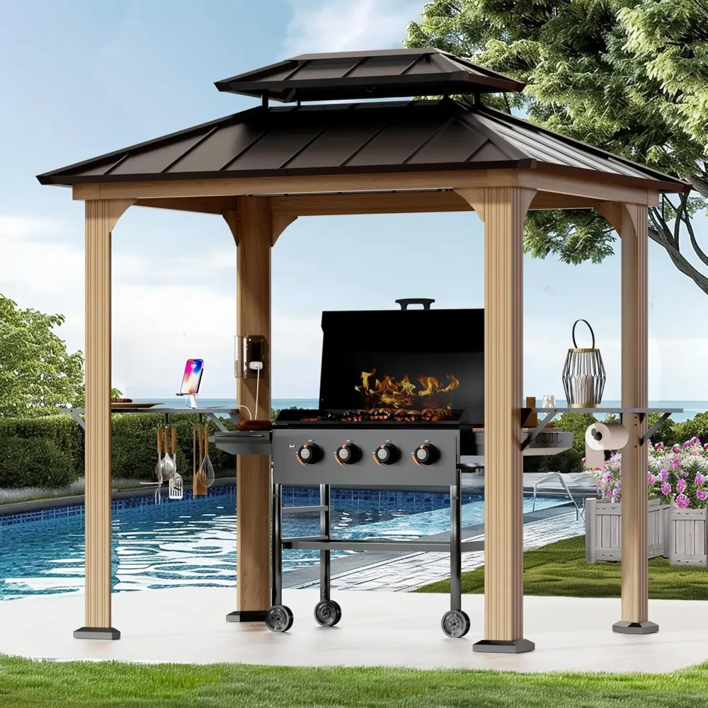 

gazebo.Modern Shade Grill Gazebo 6' X 8', Permanent Aluminum BBQ Gazebos with Shelves and Paper Towel Holder, Grill Canopy