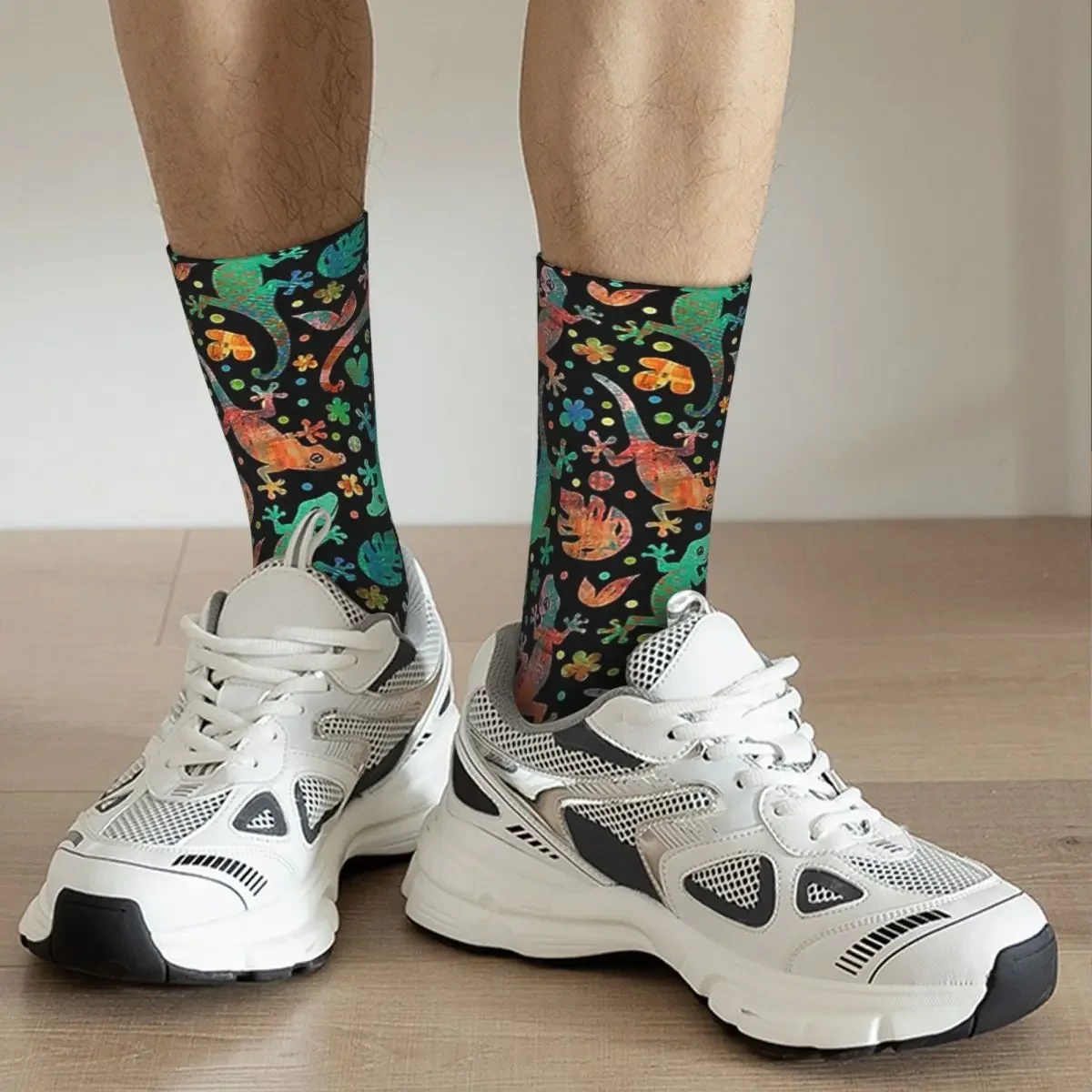 Chaussettes de lézards Lollygagger colorées sur chaussettes noires Harajuku, bas super doux, chaussettes longues toutes saisons, cadeau d'anniversaire unisexe