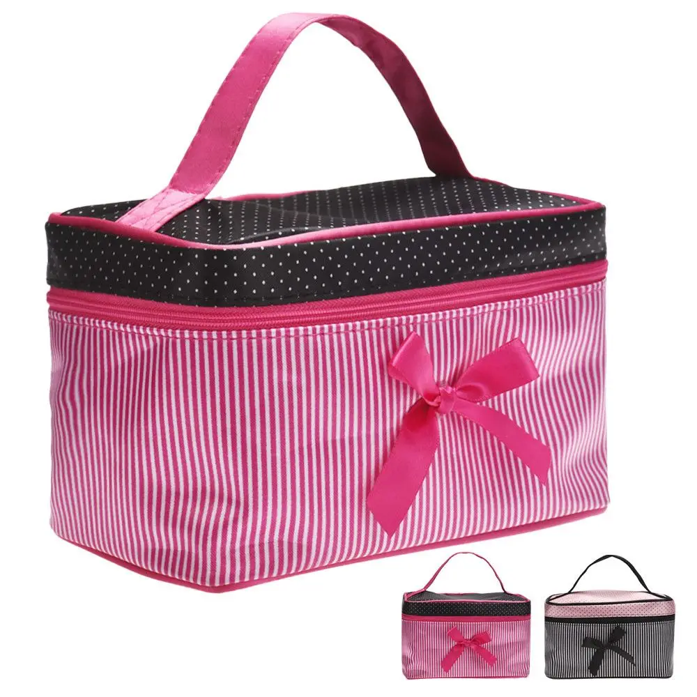 

Cute Portable Cosmetic Bag Bow Stripe Wash Organizer Handbag Make Up Bags Travel