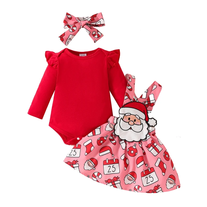 Newborn Baby Girl Christmas Outfit Gingerbread/Santa Romper Suspender Skirt Set Fall Clothes Infant Christmas Dress