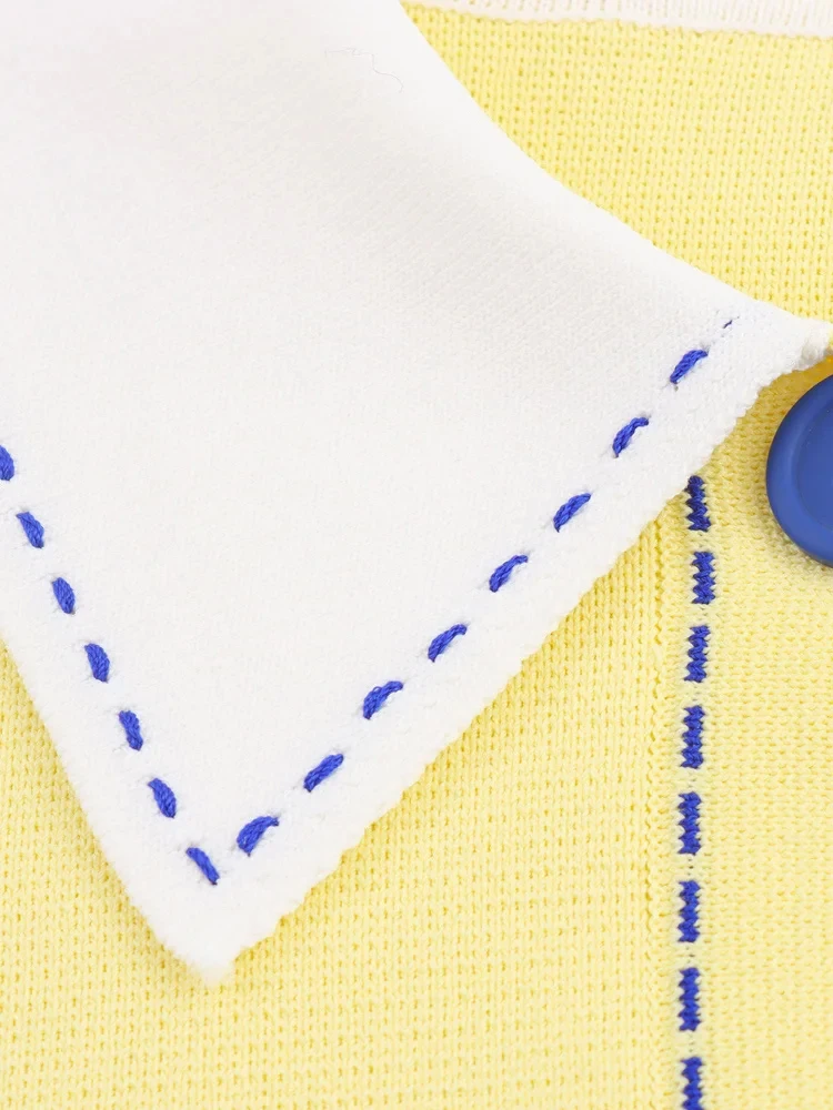 HH Women New Fashion Single Breasted POLO Shirt With Thread Lapel Short Sleeve Knit Coat Female Elegant Slim Fit Casual Top