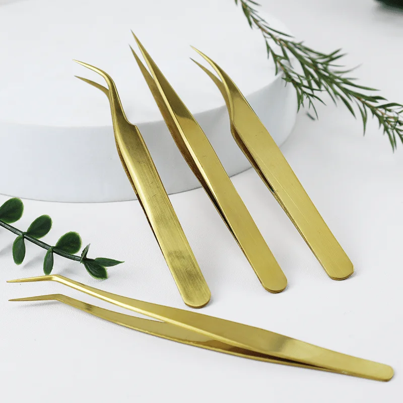 Costume de pincettes à cils de haute précision en acier inoxydable, outil de greffage de cils, ensemble de pinces à sourcils pour débutant-doré