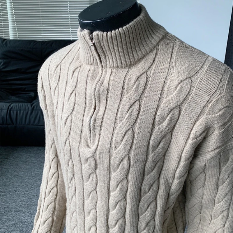 

Эластичный осенне-зимний теплый мужской однотонный пуловер с полумолнией, вязаный свитер.