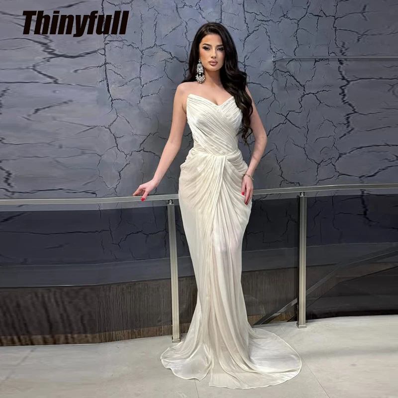 

Thinyfull Mermaid Arab Shiny Satin Prom Dresses Sleeveless V-neck Evening Party Gown Dubai Dress robes de soirée Customized