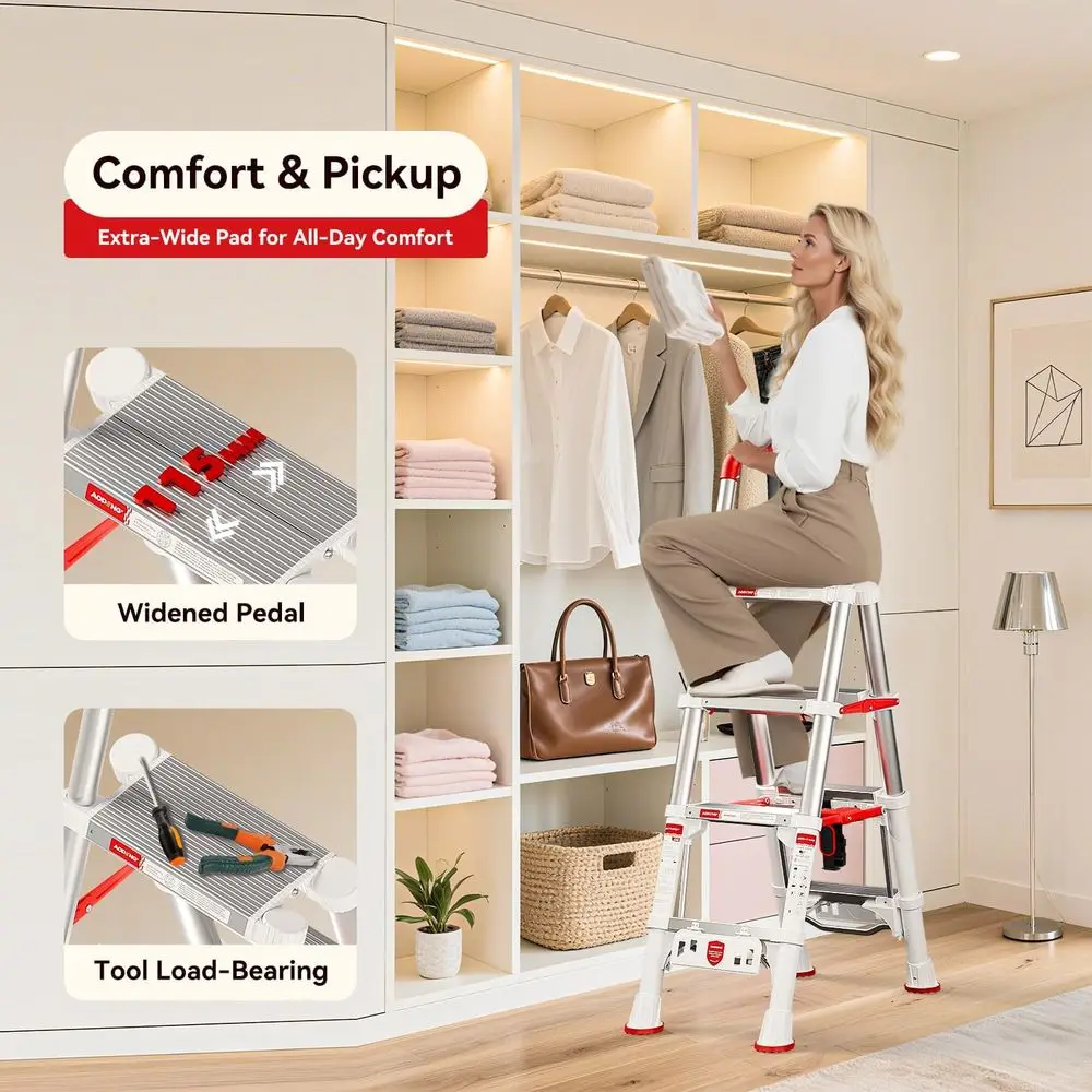 Drabina teleskopowa, składany stołek schodkowy 107 cm z blokadą bezpieczeństwa, składana drabina aluminiowa, wytrzymała drabina 4-stopniowa 600l