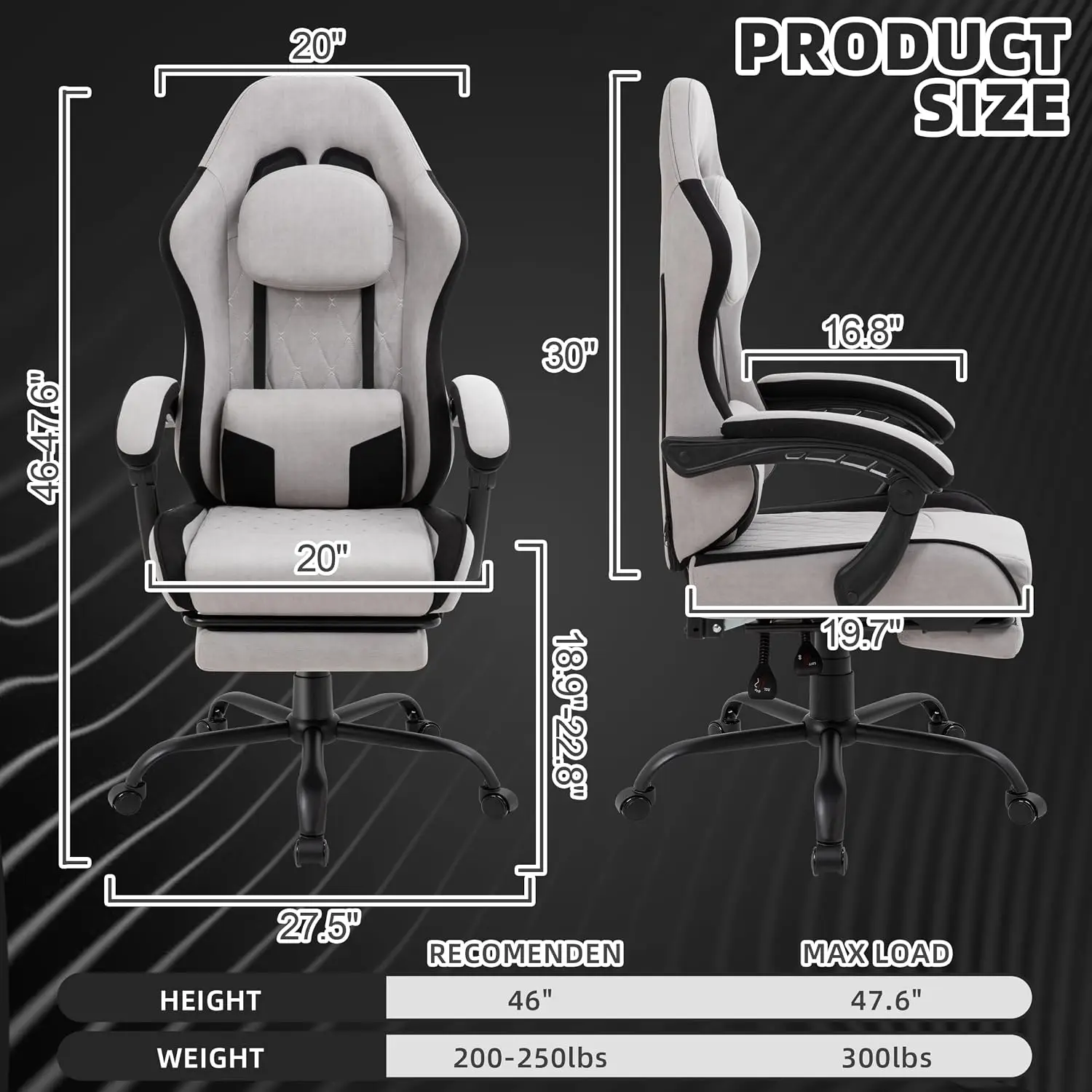 Gaming Chair for Adults, Fabric Gaming Chair with Footrest and Pocket Spring Cushion, Ergonomic Gamer Chair with Lumbar Support, Reclining Computer Gaming Chair with High Back, Grey image 3