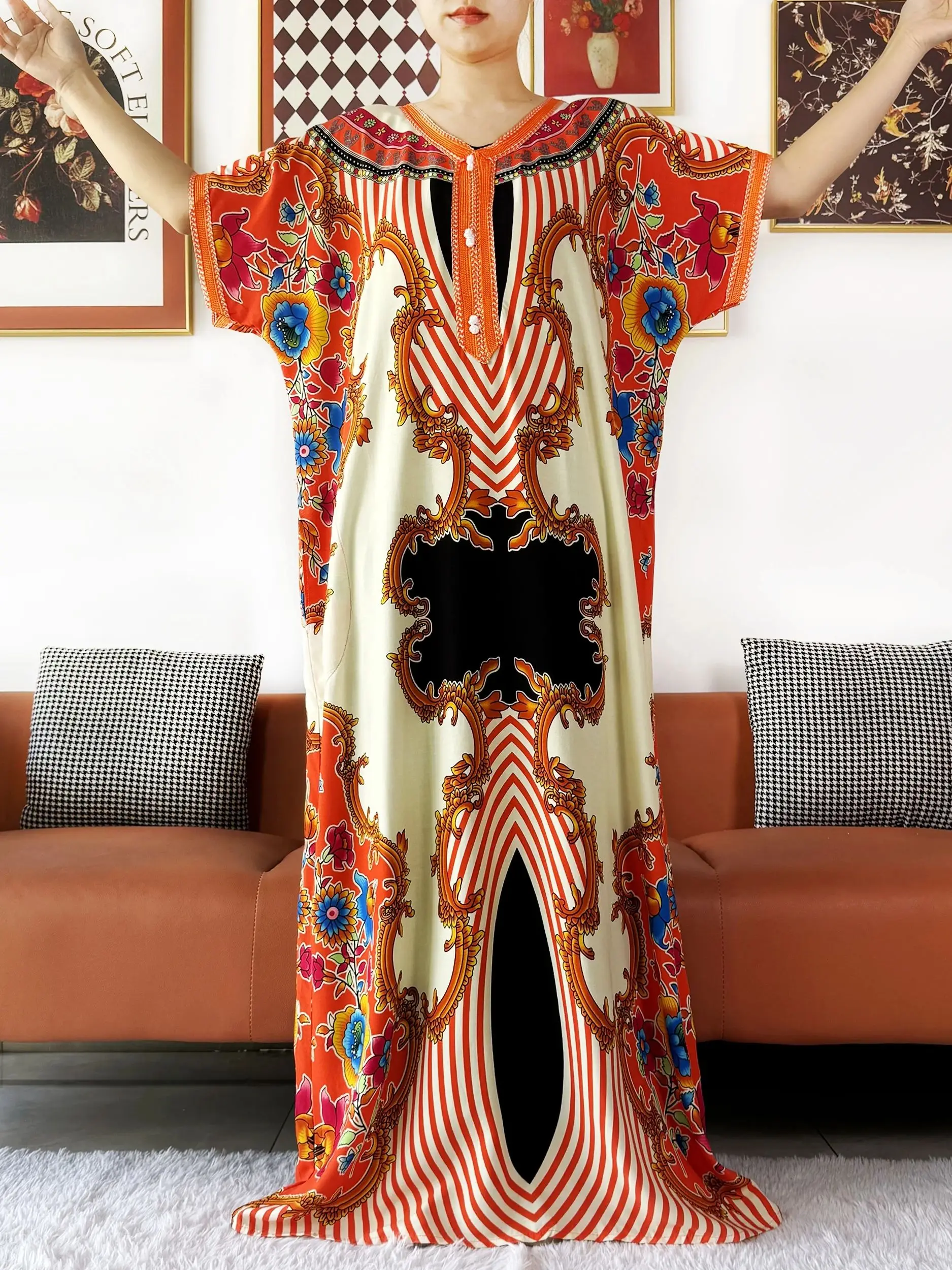 2025 African Women Dress Loose Boubou Maxi Dress Cotton Lace Floral Boubou Islamic Abaya Short Sleeve  Long Gown for Women