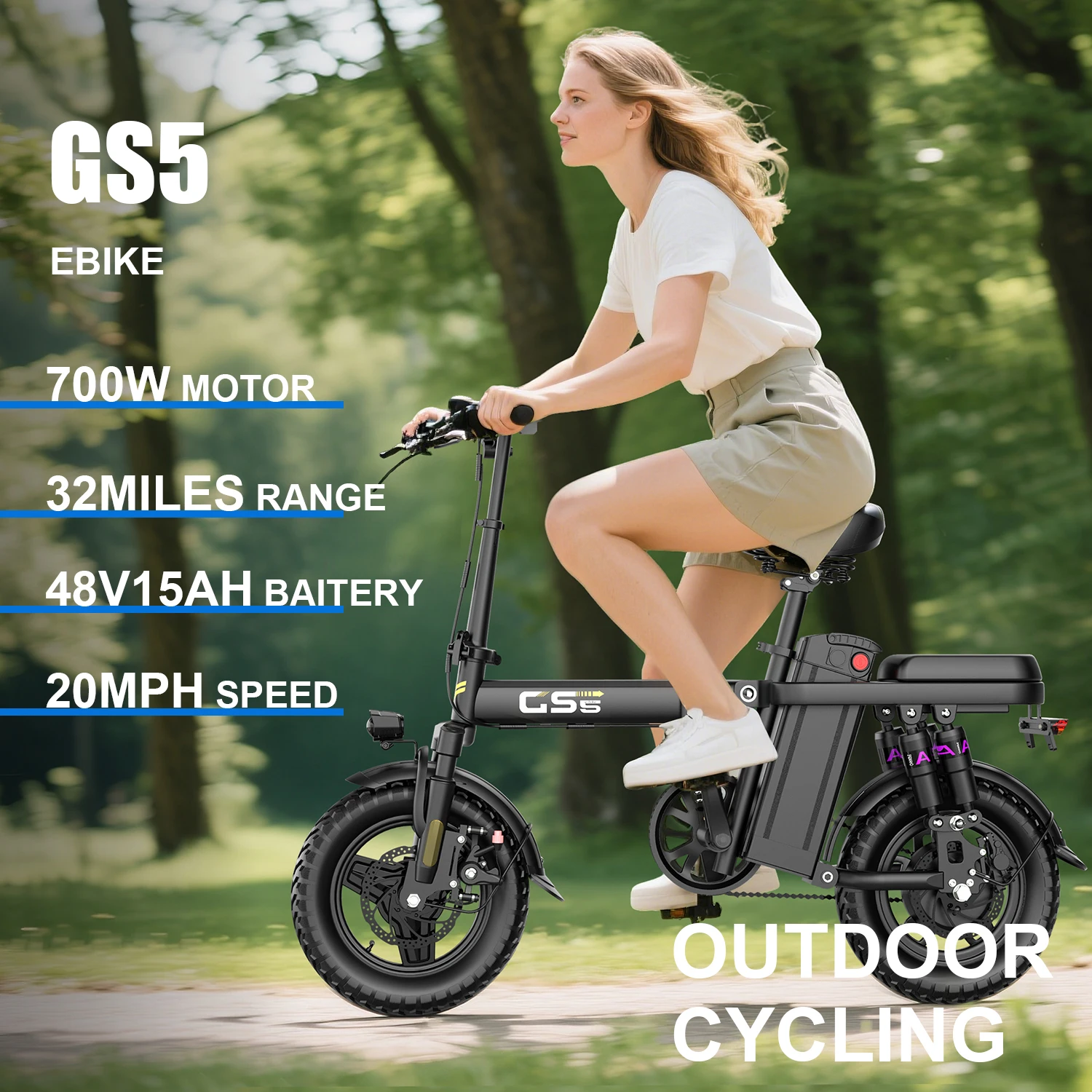 

Folding Electric Bike, 700W, 32 Miles Range & 20 MPH, All-Terrain with 14" Explosion-proof Vacuum Tires for City or Trail Riding
