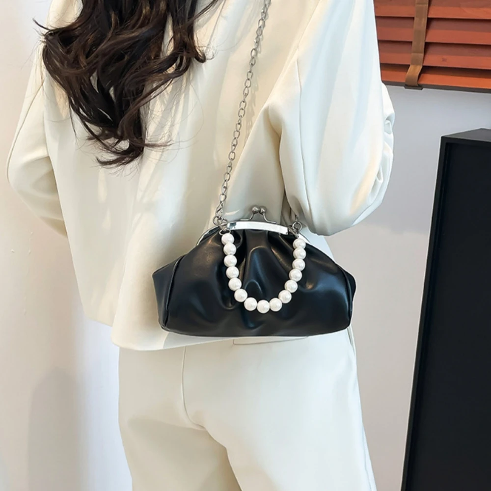 

Elegant Ruched Bag Women Pearl Chain Crossbody Bag Luxury Kiss Lock Shoulder Bag Female Designer Party Wedding Clutch Bag