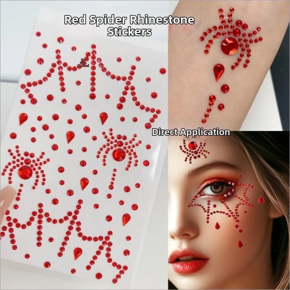 2PCS Shiny Halloween Stickers Spider Pattern Self Adhesive Rhinestones Stickers Versatile Convenient Facial Crystal Stickers