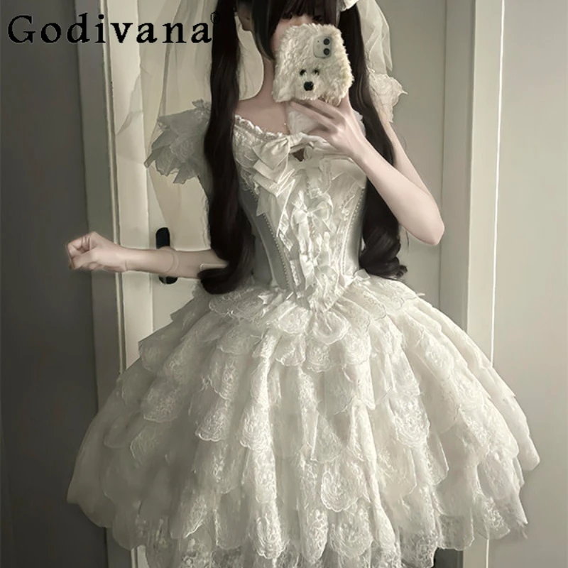

White Sweet Cute Lace Bow Dress for Ladies Court Style Lolita JSK Dress Women's Japanese Princess Sweet Heavy Craft Dress