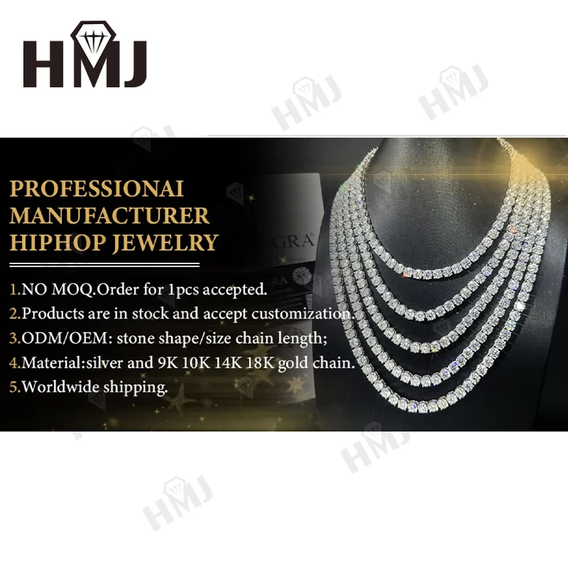 كامل الحجم بيع 2-6.5 مللي متر مويسانيتي سوار قلادة للنساء الذكرى فضة الذهب رجل تنس سلسلة الهيب هوب الموضة