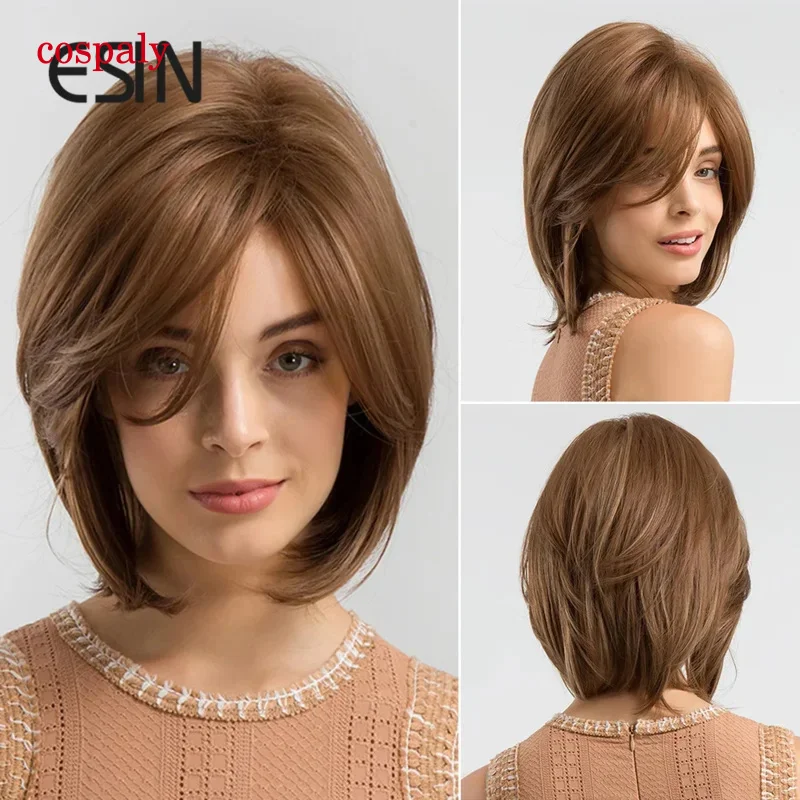 ESIN Synthetic Hair Medium Brown Straight Wigs For Women Wigs With Bangs Heat Resistant Party Daily Natural