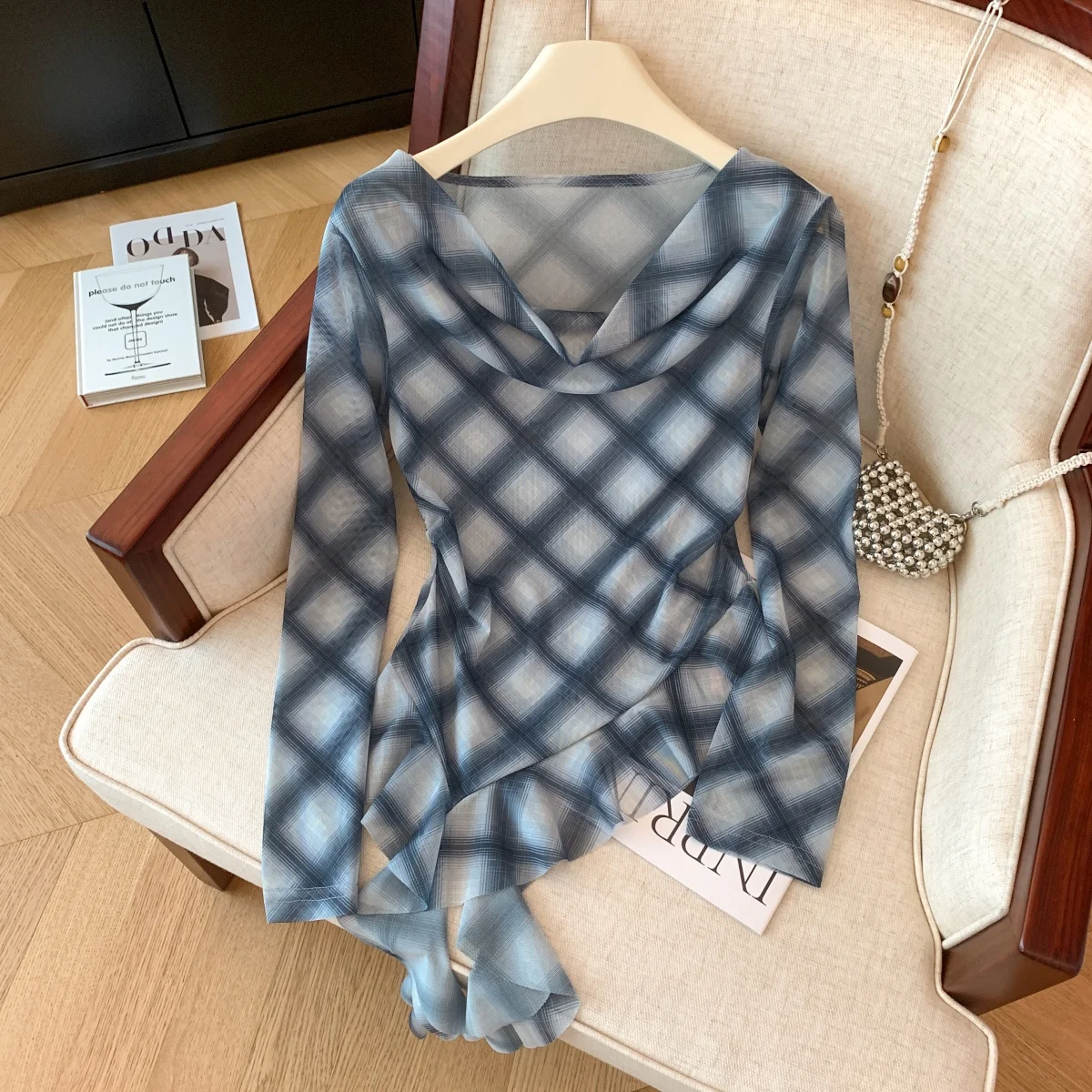 

Women Blue Long Sleeve Plaid T-shirt Y2k Gyaru Tee Top Vintage 90s Aesthetic V-neck Mesh T-shirts Emo 2000s Clothes Autumn 2025