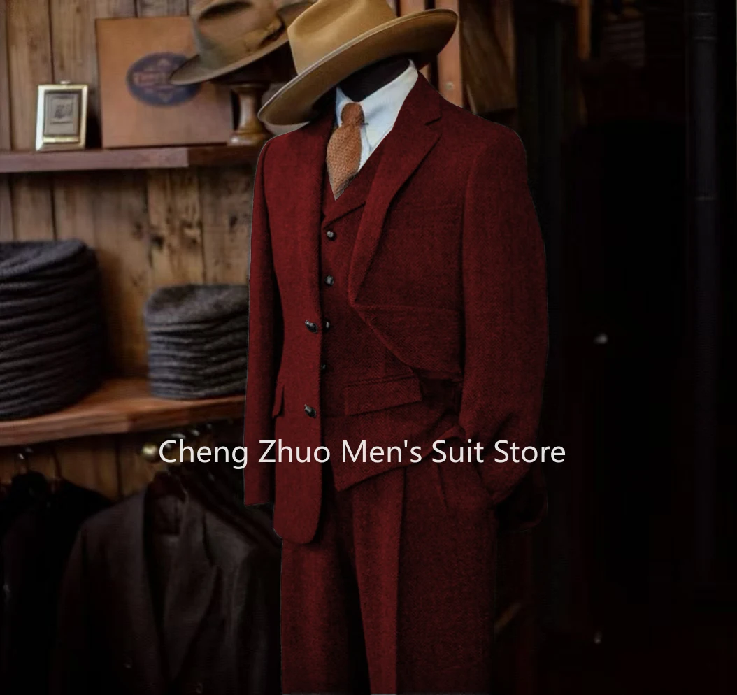 

Vintage Slim Fit Herringbone 3 Piece Men's Tuxedo Suit - Blazer Vest And Pant Set for Formal Business And Wedding High Quality