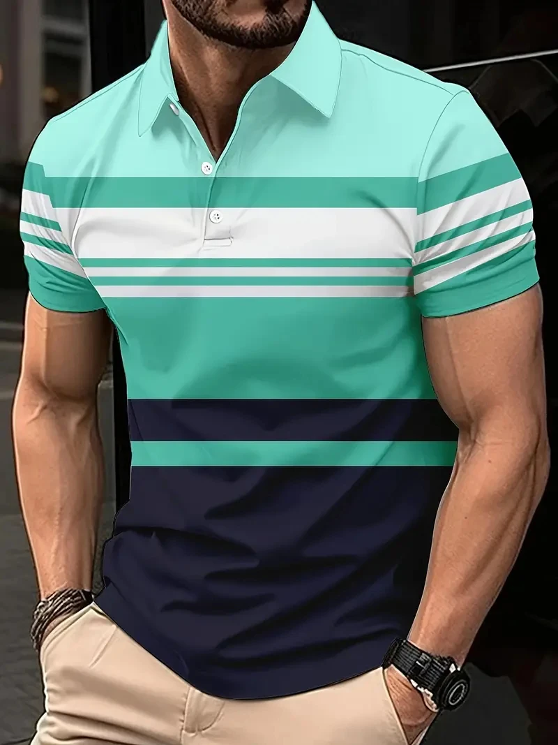 Camisa polo listrada minimalista masculina, lapela de manga curta, impressa digital 3D, tops de negócios e lazer, verão, novo, 2024