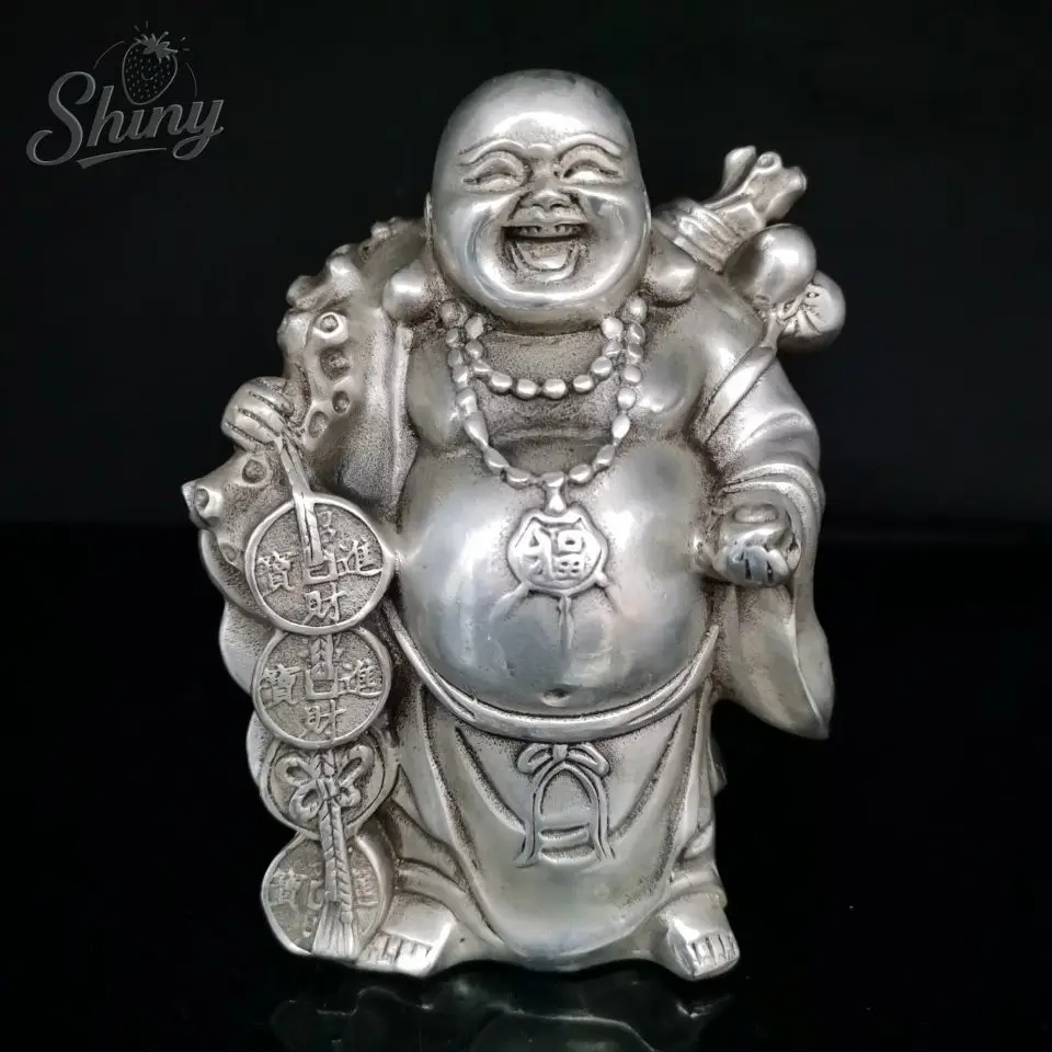 

Antique White Bronze Laughing Buddha Statue Chinese Feng Shui Lucky Money Maitreya Buddha Sculpture Ornaments Home Decor