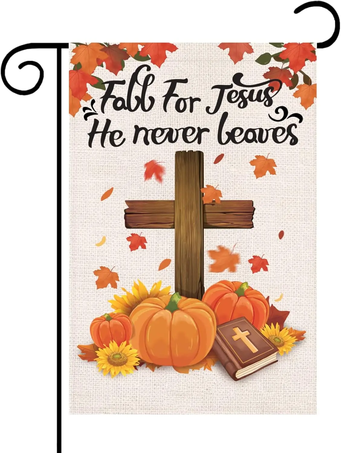 Fall for Jesus Garden Flag He Never Leaves Christian Cross, Pumpkin and Maple Leaves,12x18 Inch Double Sided Small Vertical Bann