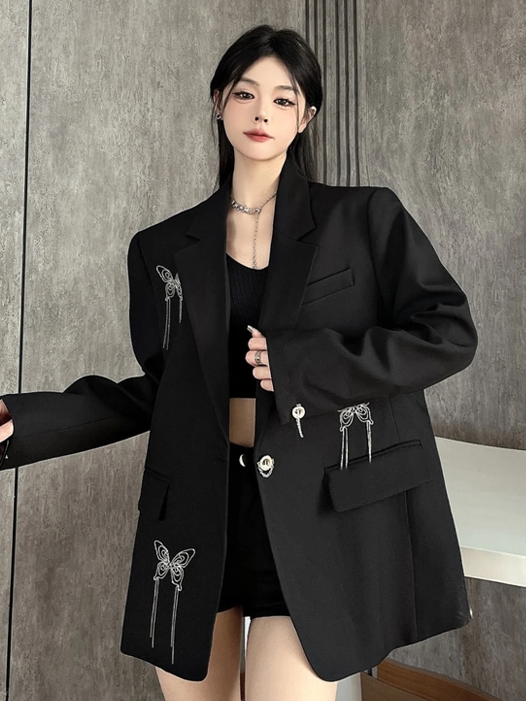 

Elegant Embroidery Suit Jacket Women's Loose Shoulder Pad Spring Fashion High-End Feelings Dark Style Long Sleeve