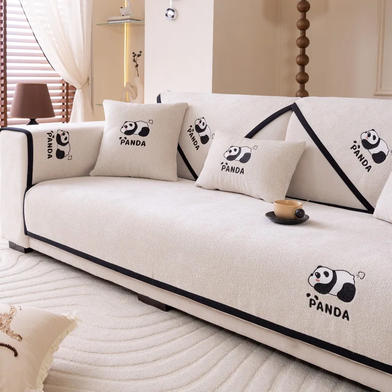 Chenille Sofa Cushion Luxurious Texture Sofa Home Protection Cover All Season Universal Color Block Bound Sofa Cover Towel Gray