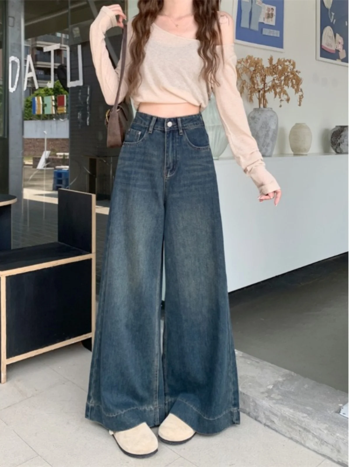 

High Waist Straight Leg Denim Jeans Women's plus Size Vintage Hong Kong Style Autumn New Arrival Slimming Wide Leg Pants