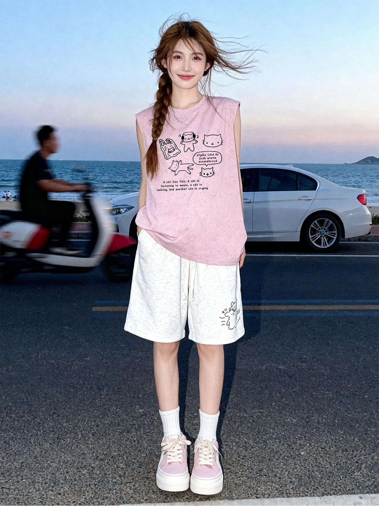 

American Style round Neck Sleeveless Letter Print T-Shirt Women's Summer Commute Casual Five-Quarter Length Pants Set