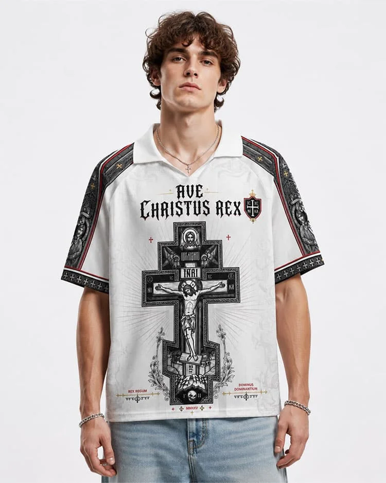 2026 new lapel polo short sleeved shirt retro Christian cross religious pattern printed T-shirt fitness training T-shirt