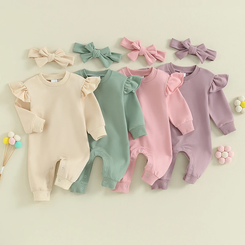 0-12M Newborn Baby Girls Jumpsuit Spring Fall Outfits Long Sleeve Solid Color Ruffle Jumpsuit with Headband Set Infant Clothes