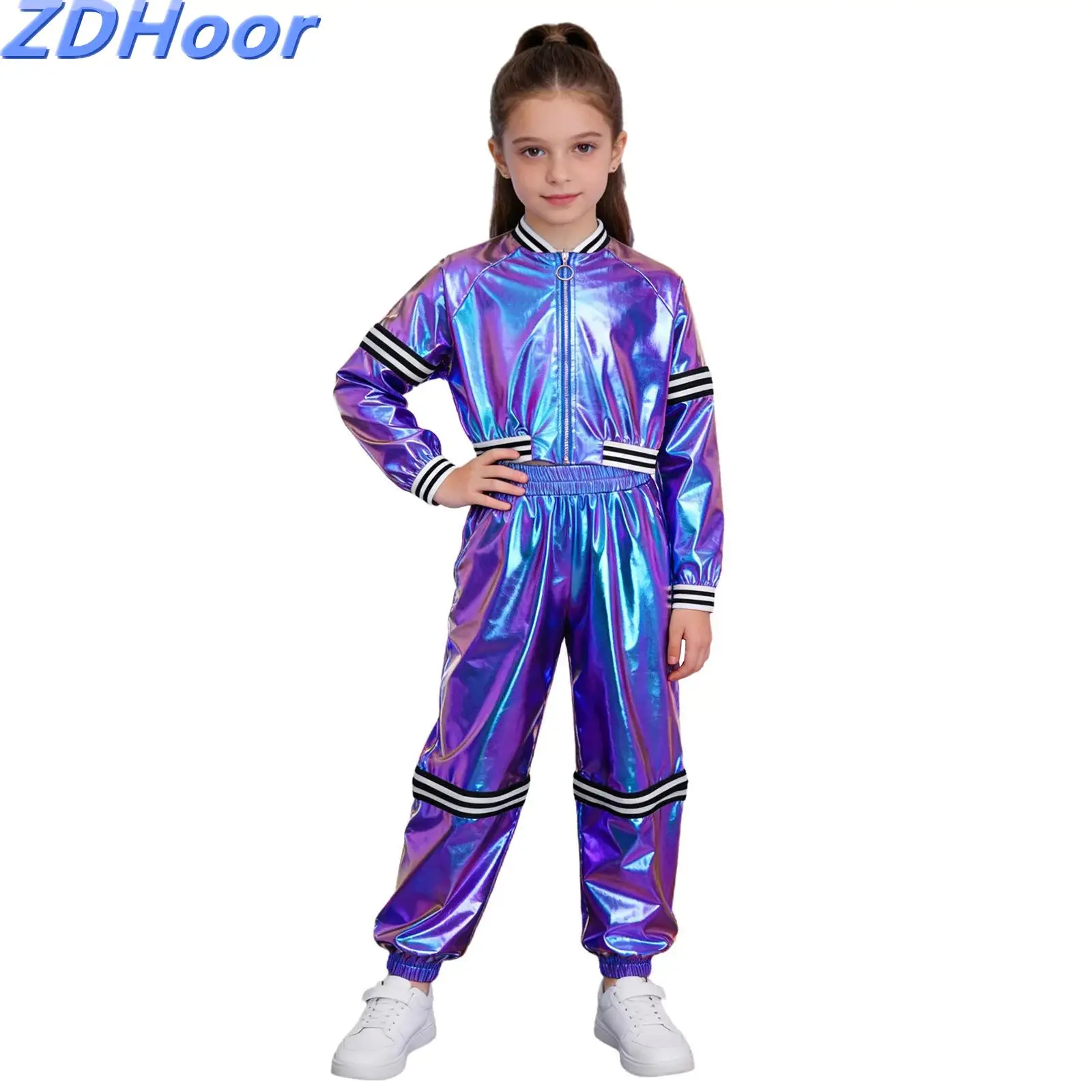 

Детские металлизированные танцевальные комплекты для мальчиков и девочек: куртка на молнии со съемными рукавами и отложным воротником, брюки с эластичным поясом для хип-хопа