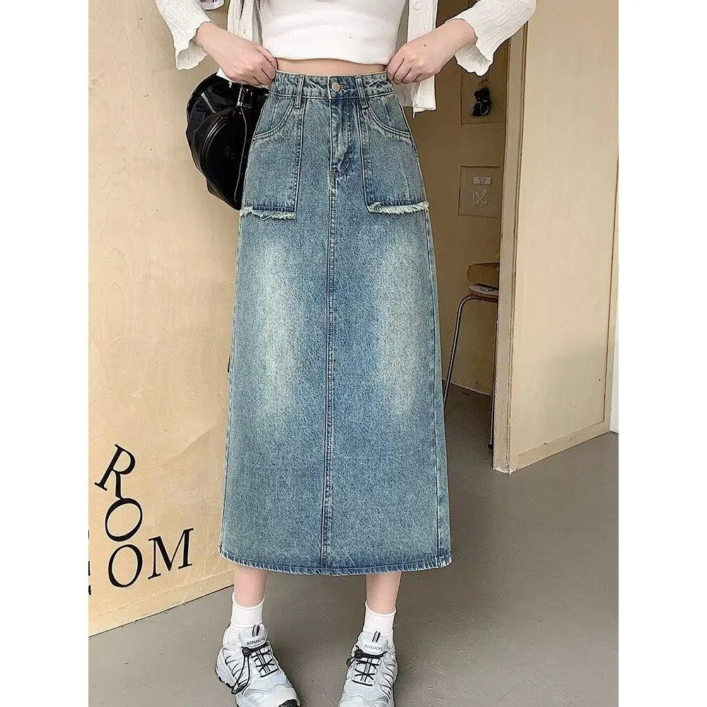 

Spring Summer 2024 Retro High Waist Slim A-Line Denim Midi Skirt Women's Long Split Skirts Casual Comfortable Du down ...